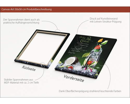 Produktbeschreibung eines 50x50 cm Leinwandbildes mit MDF-Rahmen und Leinwandstruktur