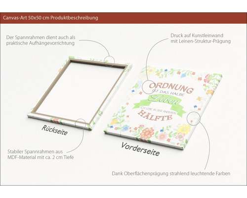 Leinwandbild, quadratisch, 50x50 cm, mit dem Spruch Ordnung ist das halbe Leben