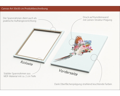 Leinwandbild 50x50 cm mit Papagei und Blumenmuster