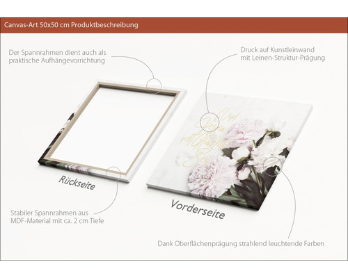 Leinwandbild 50x50 cm mit Blumenmotiv, Rück- und Vorderseite dargestellt