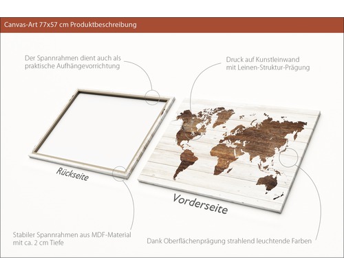 Leinwandbild mit Weltkarte auf Holzstruktur, 77x57 cm, Rück- und Vorderseite