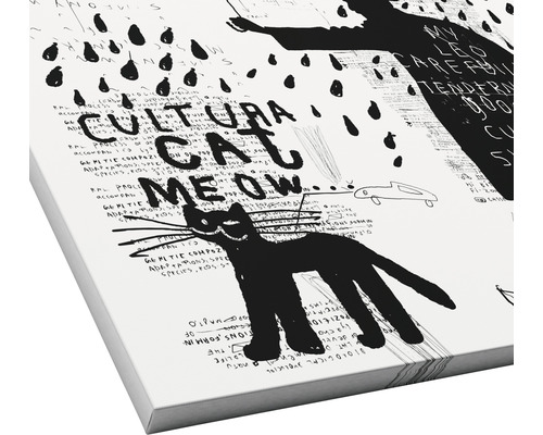 Leinwandbild mit einer schwarzen Katze und Graffiti-ähnlichen Kritzeleien