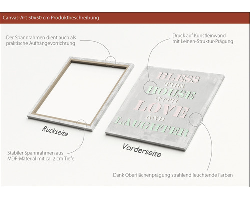 Leinwandbild 50x50 Zentimeter mit dem Aufdruck Bless this house with love and laughter und einem stabilen Spannrahmen aus MDF Material