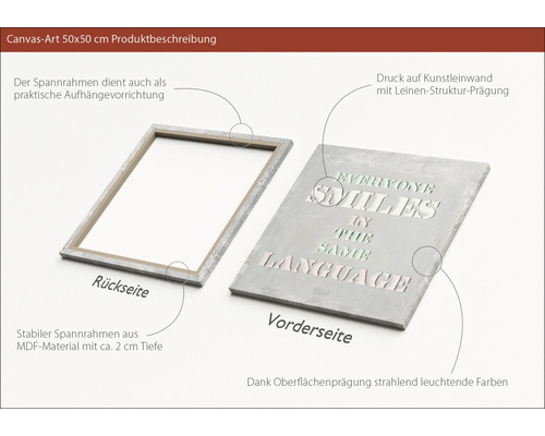 Leinwandbild 50x50 cm mit dem Spruch ''Everyone smiles in the same language'' auf MDF Rahmen