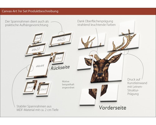 Produktbeschreibung für ein siebenteiliges Leinwandbildset mit einem Hirschmotiv