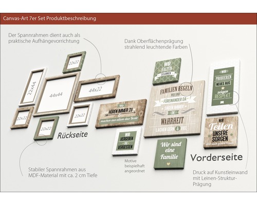 Collage aus sieben Wandbildern mit Holzrahmen und Sprüchen für die Wanddekoration