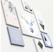 Mehrteiliges Wandbild mit abstrakten Tierdarstellungen und geometrischen Formen