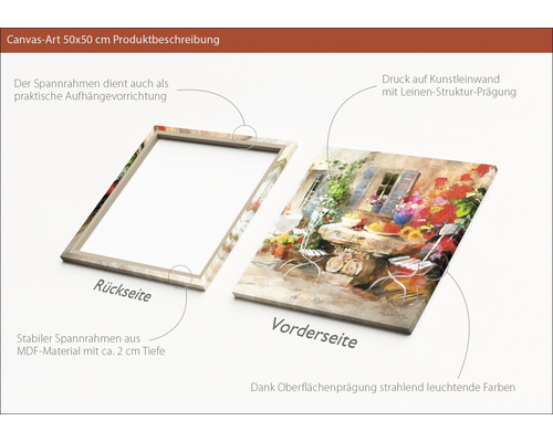 Produktbeschreibung einer Leinwand mit einem Gartenmotiv, Größe 50x50 cm, mit MDF-Rahmen