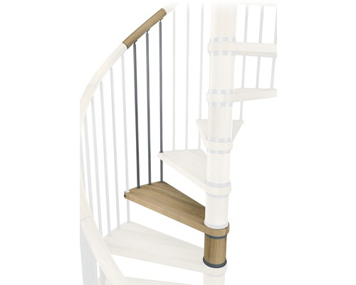 Detailaufnahme einer Holzwendeltreppe mit Geländerstäben