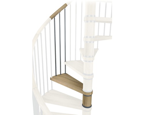 Detailansicht einer Wendeltreppe mit Holzstufen und Metallgeländer