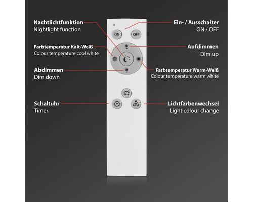 Weiße Fernbedienung zur Steuerung von Lichtfunktionen wie Nachtlicht, Farbtemperatur, Dimmen, Timer und Farbwechsel