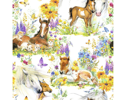 Illustration von Fohlen, Katzen, Entenküken und Blumenmuster