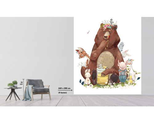 Fototapete mit einem Bären, einem Reh, einem Hasen, einem Schwein und einer Gans mit Blumen auf dem Kopf