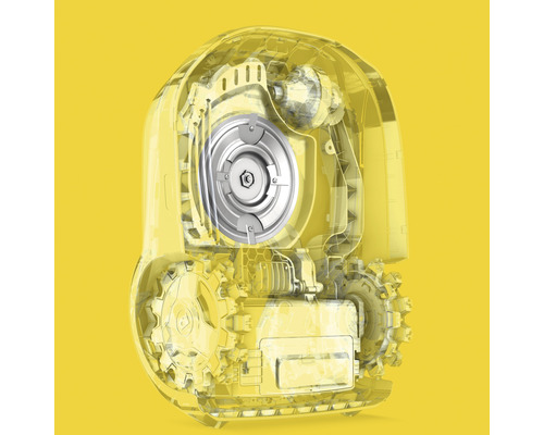Transparenter Rasenmähroboter mit Einblick in die Mechanik
