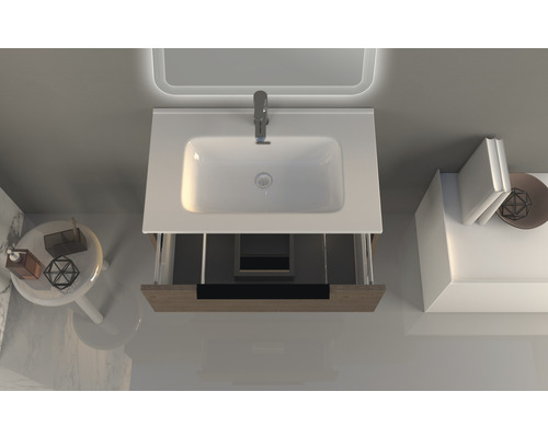 Ansicht von oben Waschbeckenunterschrank mit Waschbecken und Armatur im Badezimmer