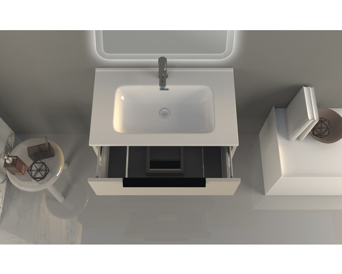 Badezimmerwaschtisch mit offenem Schubfach, Aufsatzwaschbecken und Armatur von oben