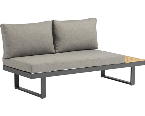 Gartenbank mit zwei Kissen und Holzablage