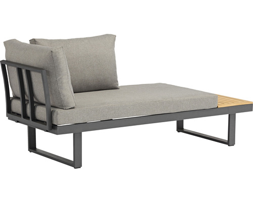 Gartenlounge Einzelmodul mit grauen Polstern und Ablagefläche aus Holz