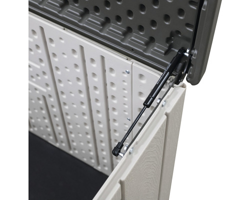 Detailansicht einer geöffneten Gartenbox mit Gasdruckfeder