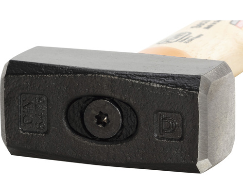 Vorderansicht eines Vorschlaghammers mit Holzgriff und einem Kopf aus Stahl, versehen mit der Norm DIN 6475