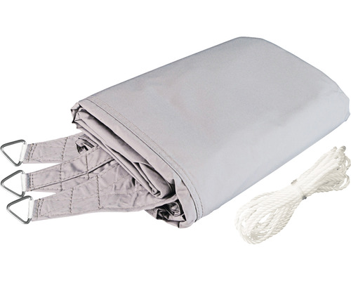 Graues Sonnensegel mit Befestigungsseilen und Metallösen