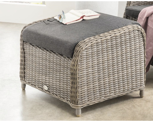Gartenhocker aus Rattan mit Auflage und Buch