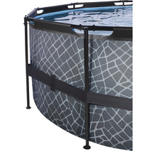 Detailansicht eines Frame Pools mit grauer Steinoptik und Stahlrahmenkonstruktion.
