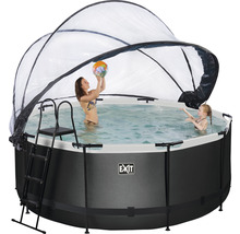 Rundes Aufstellbecken mit Überdachung und Leiter im Garten mit zwei Personen im Wasser.