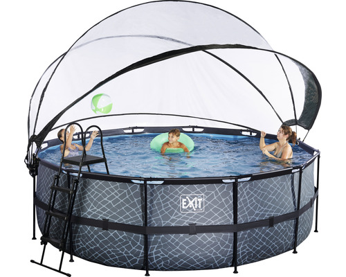 Aufstellpool mit Überdachung, Leiter und spielenden Kindern