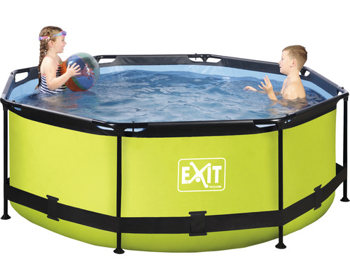 Kinder spielen in einem EXIT Toys Aufstellpool mit Rahmen.