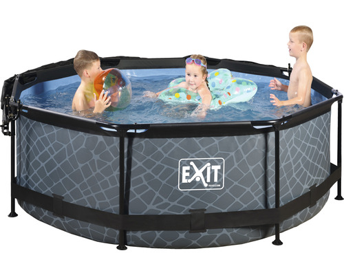 Aufstellpool mit Kindern im Wasser und Exit Toys Logo