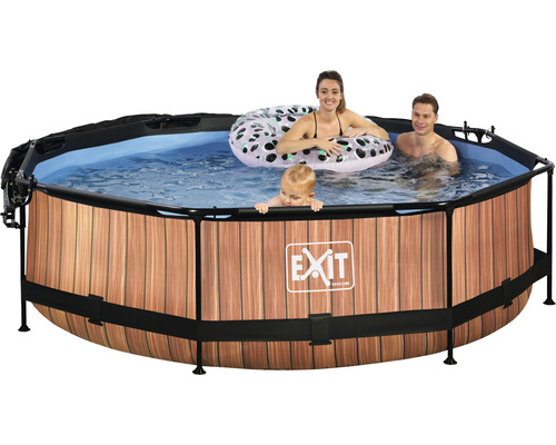 Runder Pool mit Holzoptik und Familie im Wasser