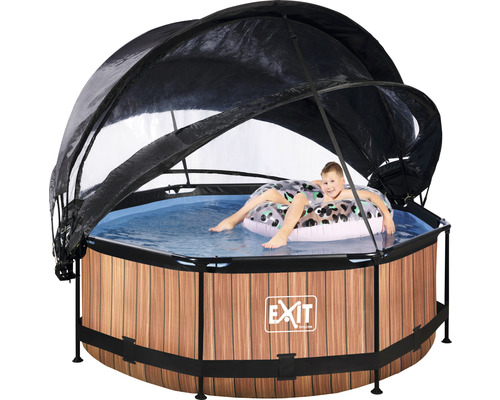 Aufstellpool mit Überdachung und Kind im Schwimmreifen