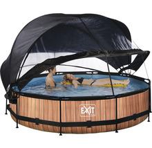 Aufstellpool mit Überdachung und zwei Badegästen im Wasser