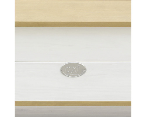 Detailansicht eines weißen Holzmöbels mit AXI Logo