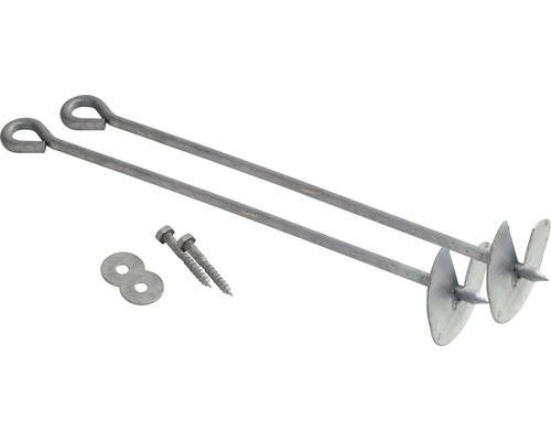 Zwei Erdschrauben mit Öse, Schrauben und Unterlegscheiben