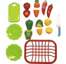 Spielset mit Spielzeugessen, darunter Erdbeere, Karotte, Chili, Paprika, Mais, Zitrone, Schneidebrett, Messer, Teller und Abtropfgestell
