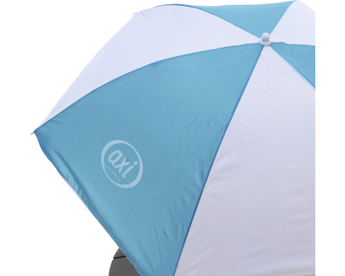 Strandsonnenschirm in Blau und Weiß mit Axi Logo