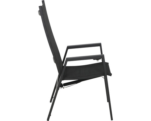 Gartenstuhl mit Armlehnen aus Metall und Textil, Seitenansicht