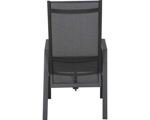 Rückansicht eines Gartenstuhls mit Aluminiumrahmen und Textilbespannung