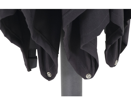 Detailaufnahme eines Sonnenschirms mit Stoffbespannung und Befestigungsknopf