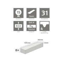 Informationen zu Laminat: 15 Jahre Garantiezeit, Dielenformat Classic, Nutzungsklasse 31, Dicke 8 mm, patentiertes Verlegeprofil CLIC it!, 4-seitige Woodvision Fase, Maße 1292 x 193 x 8 mm, 8 Stück