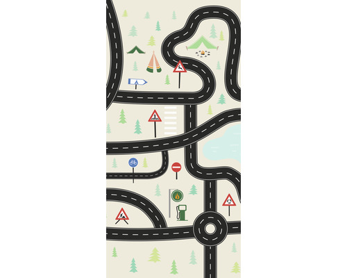 Illustration einer Straßenkarte mit Straßenschildern, Bäumen und Zelten