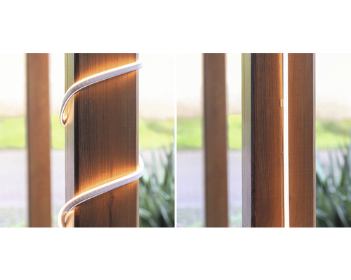 LED-Streifen an einem Holzpfosten