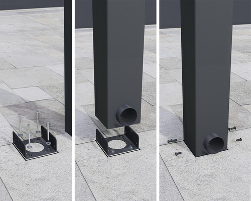 Montage eines Pfostenträgers für eine Terrassenüberdachung in drei Schritten