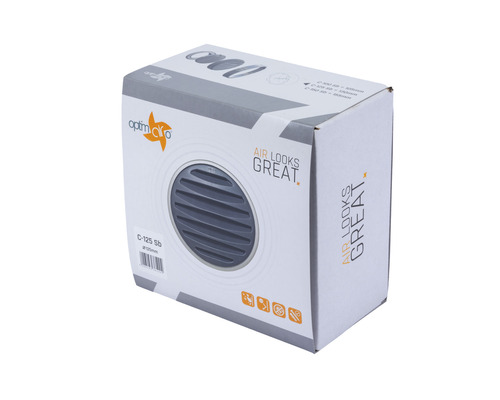 Verpackungsgrafik eines Optima Lüftungsgitters C-125 Sb mit 125 Millimeter Durchmesser