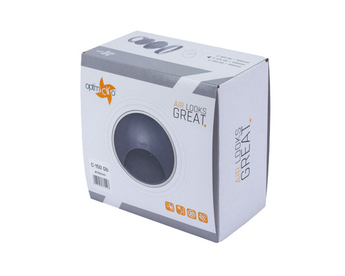 Verpackung eines Optimo Luftreinigers C-150 Gb mit 150 Millimeter Durchmesser