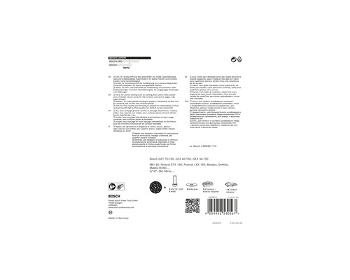Verpackungsrückseite für Bosch Schleifscheiben mit Informationen zu Anwendung und Kompatibilität