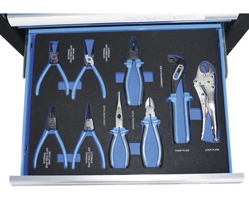 Schublade mit verschiedenen Zangenarten in Schaumstoffeinlage