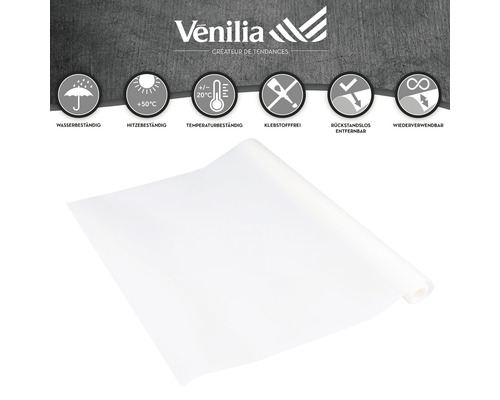 Venilia Logo. Selbstklebende Folie, wasserbeständig, hitzebeständig bis 50 Grad, temperaturbeständig zwischen plus und minus 20 Grad, klebstofffrei, rückstandslos entfernbar und wiederverwendbar.